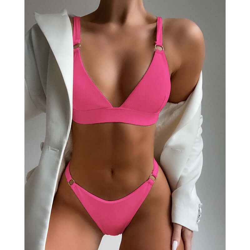 2023 New Sexy Ribbed Ring Bikinis Swimsuit Women Push Up Swimwear Solid Bikini Set Summer Beach Brazil Biquini Swim Bathing Suit