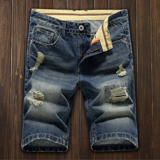 Summer denim shorts men's broken cave pants teen retro Korean version of the straight nostalgic men's five pants