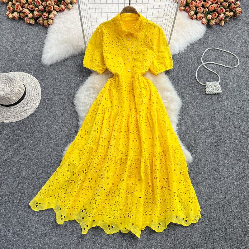 Fashion Hollow Polka Dot Dress Women's 2023 Summer Lace Polo Collar Short-sleeved Dresses Women's Waist Slim Midi Dress