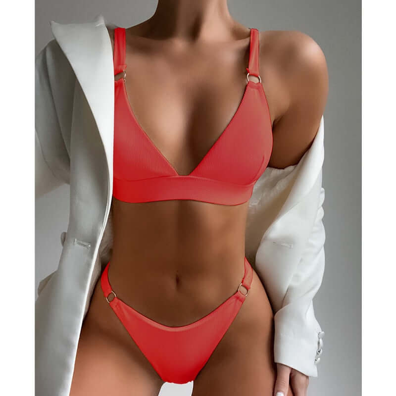 2023 New Sexy Ribbed Ring Bikinis Swimsuit Women Push Up Swimwear Solid Bikini Set Summer Beach Brazil Biquini Swim Bathing Suit