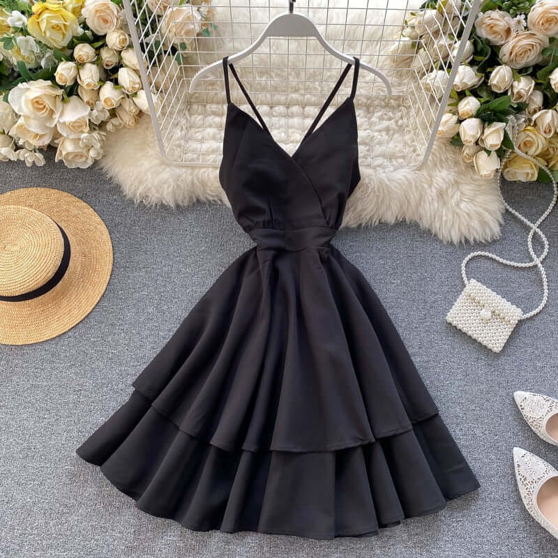 FMFSSOM Summer Spring Beach Holiday V-Neck Backless Lace Up Ruffles Cakes Solid Elegant Women Lady A-line High Waist Dress