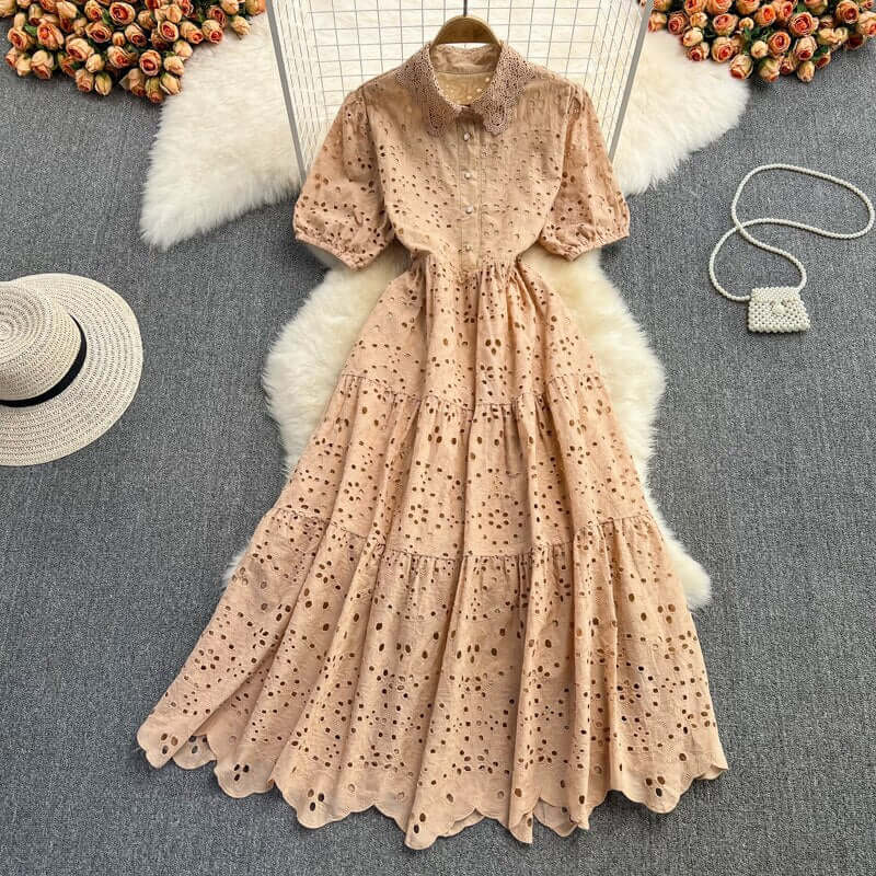 Fashion Hollow Polka Dot Dress Women's 2023 Summer Lace Polo Collar Short-sleeved Dresses Women's Waist Slim Midi Dress