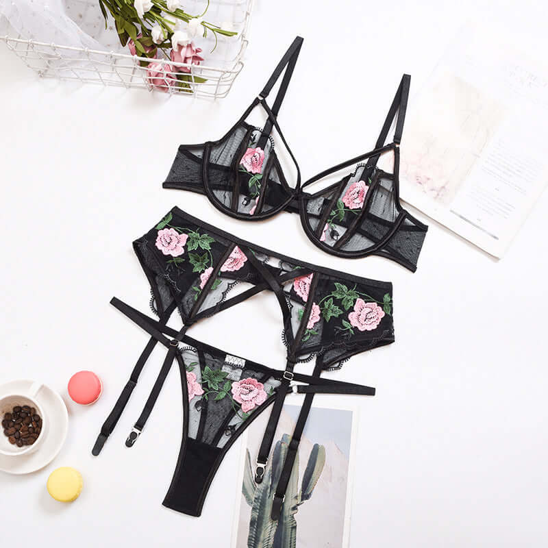 Women Sexy Underwear Women Bra & Brief Sets Lingeries Floral Embrodiery Lace Lingerie 3 Piece Set