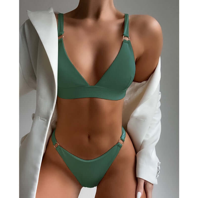 2023 New Sexy Ribbed Ring Bikinis Swimsuit Women Push Up Swimwear Solid Bikini Set Summer Beach Brazil Biquini Swim Bathing Suit