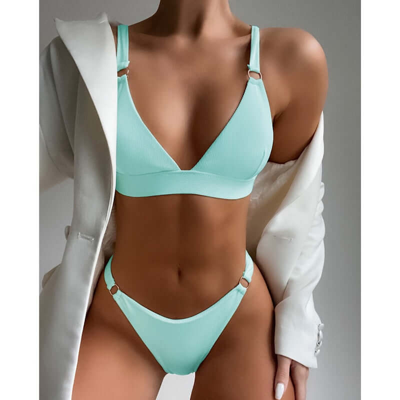 2023 New Sexy Ribbed Ring Bikinis Swimsuit Women Push Up Swimwear Solid Bikini Set Summer Beach Brazil Biquini Swim Bathing Suit