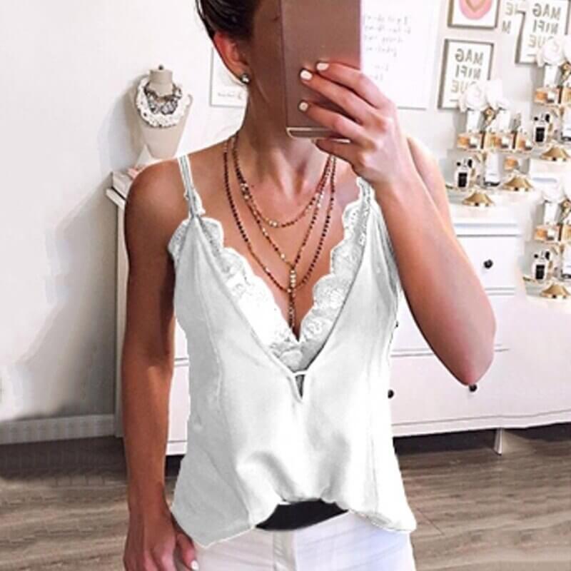 Women&#39;s Sexy Camisole Summer Deep V Neck Lace Tank Top Adjustable Spaghetti Strapless Backless Bottoming Shirt Vest Thin Comfor