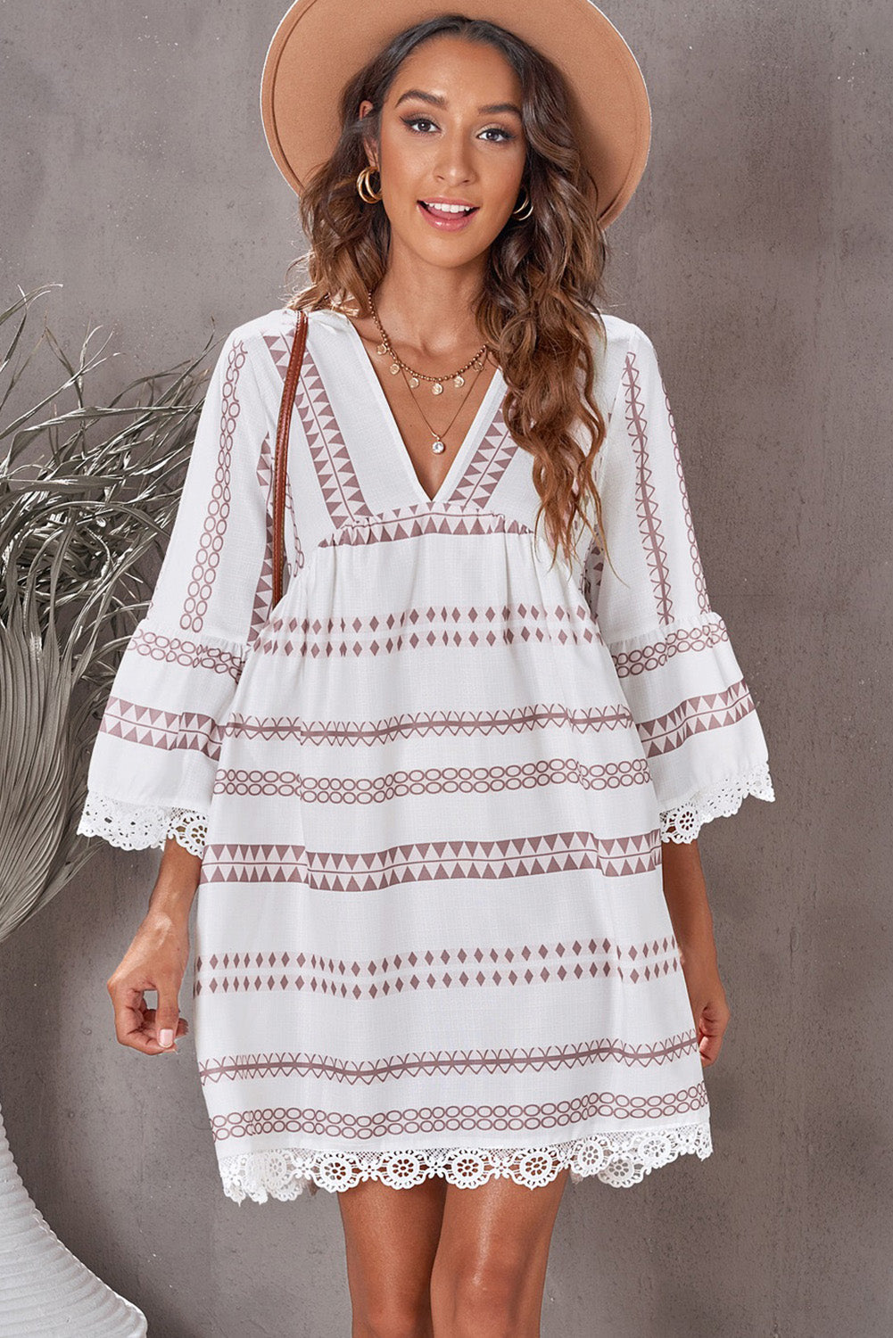 Geometric Print Lace Trim Three-Quarter Sleeve Dress