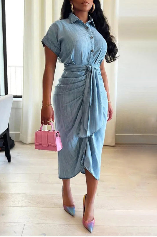 Sleek Gathered Waist Lace-Up Denim Dress