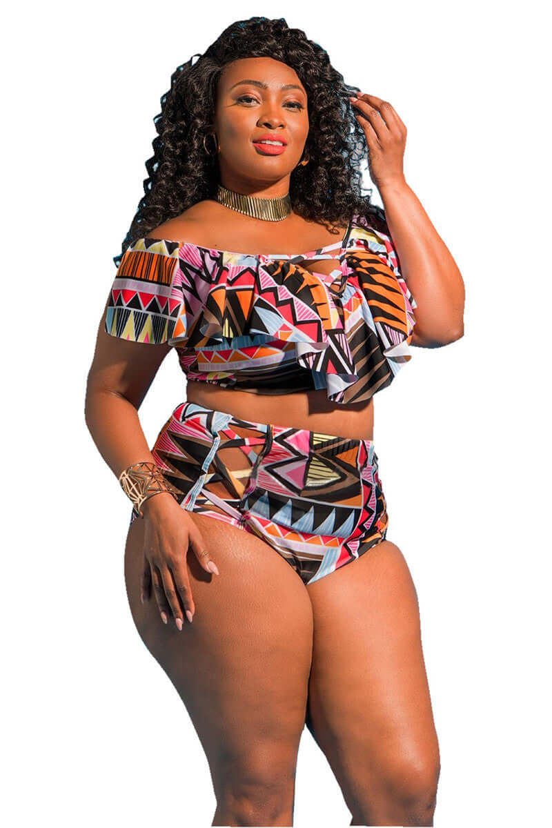 Cross-border new split swimsuit European and American ladies large size high waist print plus fat bikini one-shoulder multi-rope swimsuit