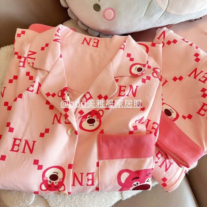 Girls' pajamas women's spring and autumn long-sleeved cartoon cute wind bear all-match student loose cardigan home service suit