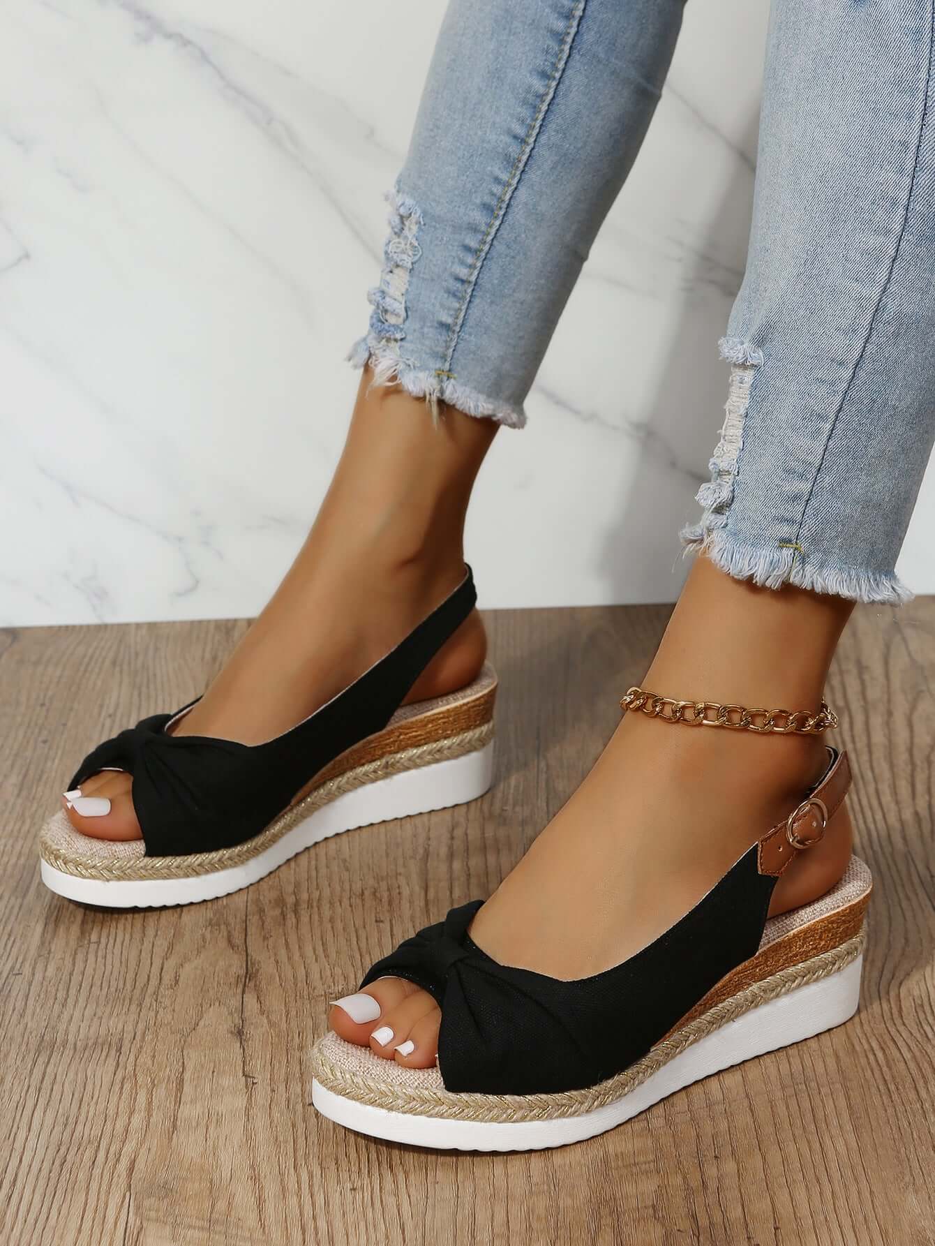 2023 summer foreign trade new sandals large size foreign trade hemp rope bowknot wedge casual sandals women's shoes wholesale