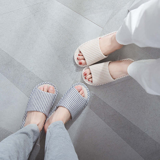 New Japanese and Korean striped couple four-season cotton and linen breathable home thick-bottom men and women linen slippers sandals shoes wholesale