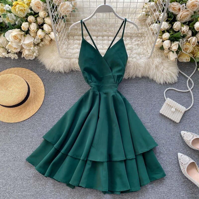 FMFSSOM Summer Spring Beach Holiday V-Neck Backless Lace Up Ruffles Cakes Solid Elegant Women Lady A-line High Waist Dress