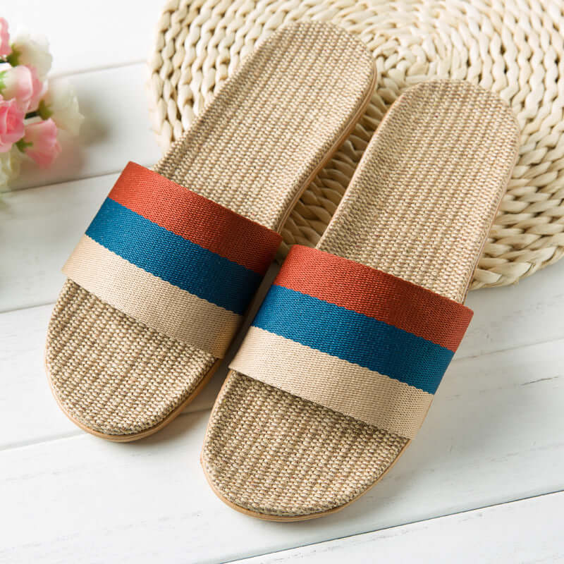 Slippers female summer linen flip shoes couple home slippers indoor deodorant wood floor beach slippers men's summer