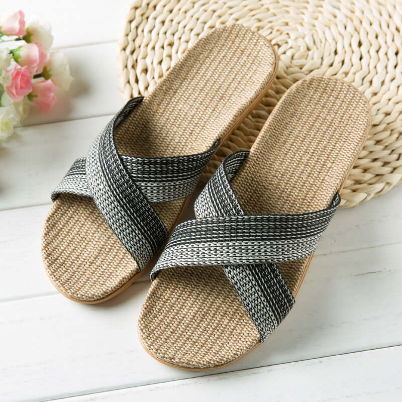 Slippers female summer linen flip shoes couple home slippers indoor deodorant wood floor beach slippers men's summer