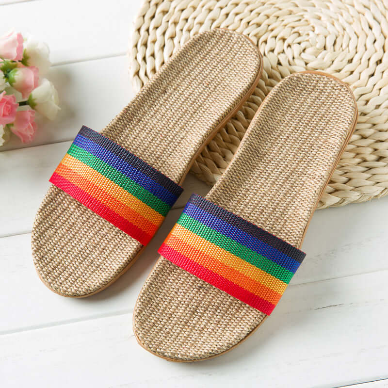 Slippers female summer linen flip shoes couple home slippers indoor deodorant wood floor beach slippers men's summer