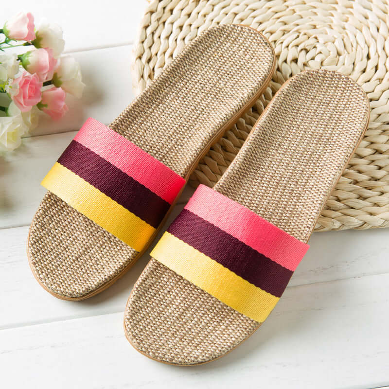 Slippers female summer linen flip shoes couple home slippers indoor deodorant wood floor beach slippers men's summer