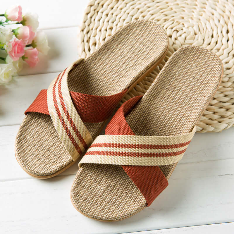 Slippers female summer linen flip shoes couple home slippers indoor deodorant wood floor beach slippers men's summer