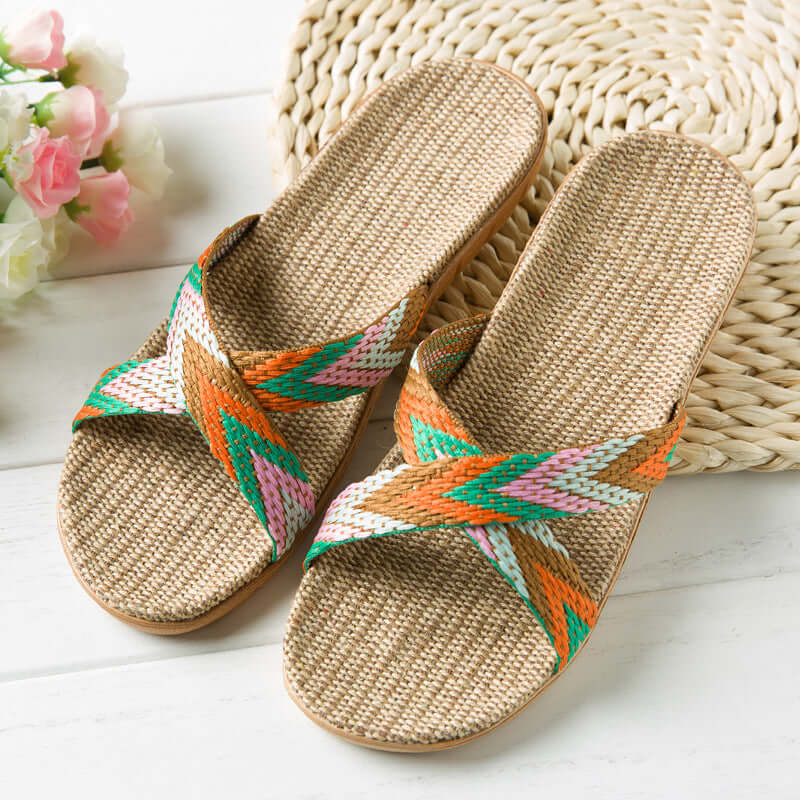 Slippers female summer linen flip shoes couple home slippers indoor deodorant wood floor beach slippers men's summer