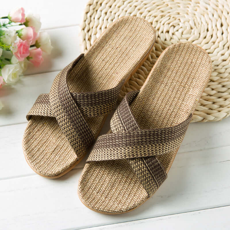 Slippers female summer linen flip shoes couple home slippers indoor deodorant wood floor beach slippers men's summer