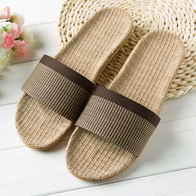 Slippers female summer linen flip shoes couple home slippers indoor deodorant wood floor beach slippers men's summer