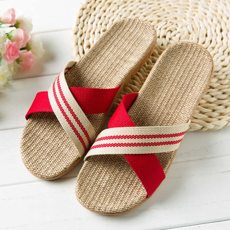 Slippers female summer linen flip shoes couple home slippers indoor deodorant wood floor beach slippers men's summer