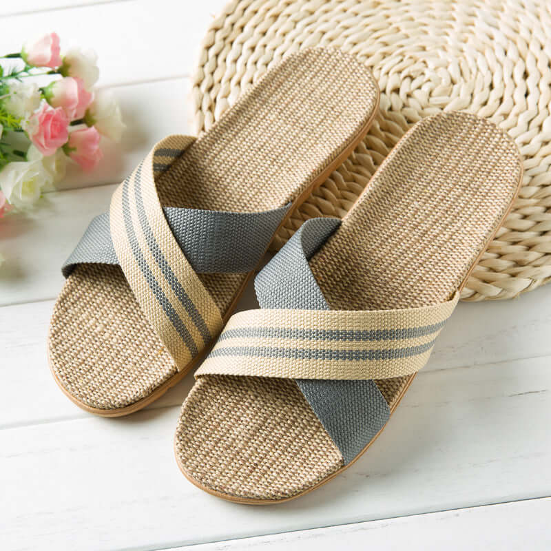 Slippers female summer linen flip shoes couple home slippers indoor deodorant wood floor beach slippers men's summer