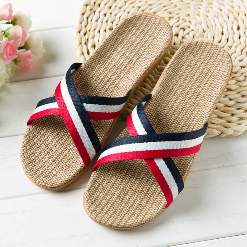 Slippers female summer linen flip shoes couple home slippers indoor deodorant wood floor beach slippers men's summer