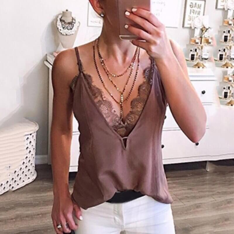 Women&#39;s Sexy Camisole Summer Deep V Neck Lace Tank Top Adjustable Spaghetti Strapless Backless Bottoming Shirt Vest Thin Comfor