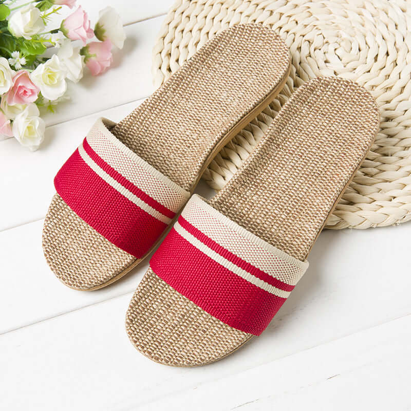 Slippers female summer linen flip shoes couple home slippers indoor deodorant wood floor beach slippers men's summer