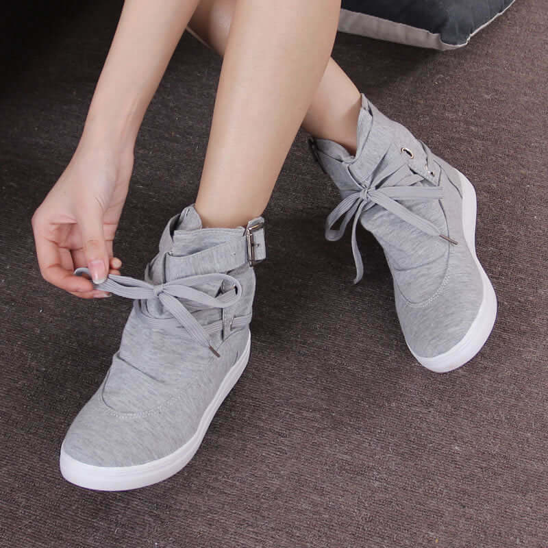 2021 spring and autumn new Korean women's boots high shoes canvas shoes round head belt students flat casual women's shoes