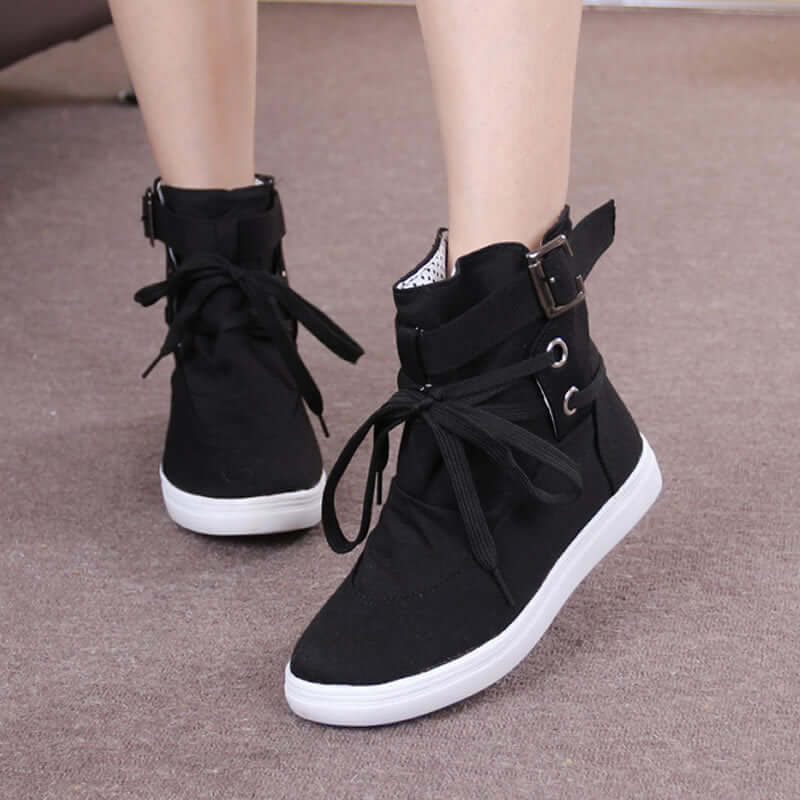 2021 spring and autumn new Korean women's boots high shoes canvas shoes round head belt students flat casual women's shoes