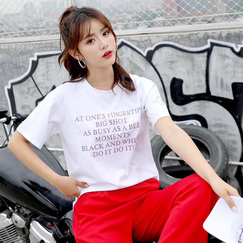 Veilla Korean version of purple upper female cotton T-shirt short sleeve round neck loose letter cotton solid color bottoming shirt