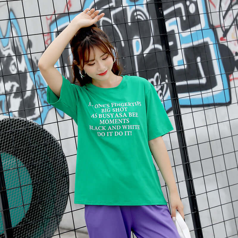 Veilla Korean version of purple upper female cotton T-shirt short sleeve round neck loose letter cotton solid color bottoming shirt