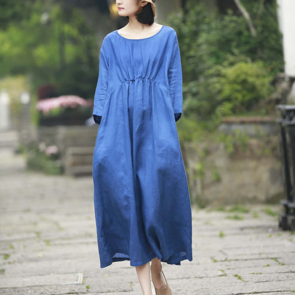 Women's Minimalist Dress - Pleated-Loose Fit-Big Pendulum-Round Neck