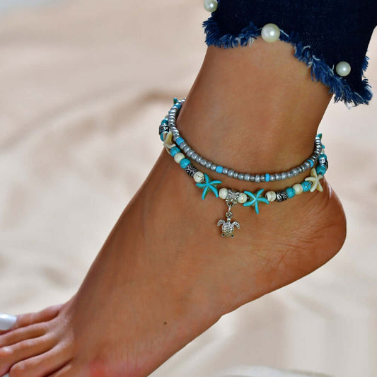 European and American Sea Silies Yoga Foot Chain Sea Turtle Bracelet Beach Pendant Starfish Pearl Vintage Turtle Bracelet