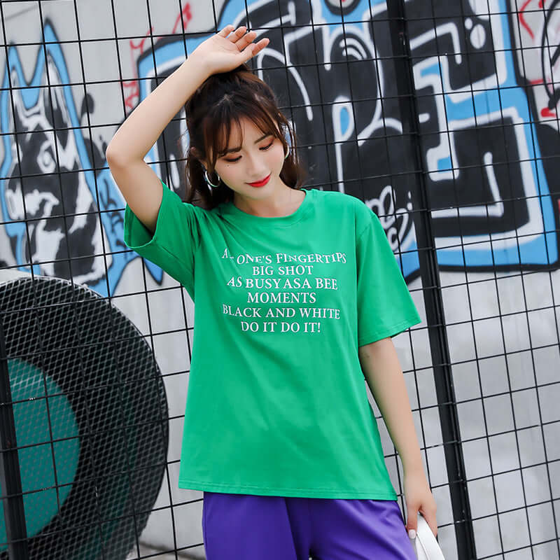 Veilla Korean version of purple upper female cotton T-shirt short sleeve round neck loose letter cotton solid color bottoming shirt