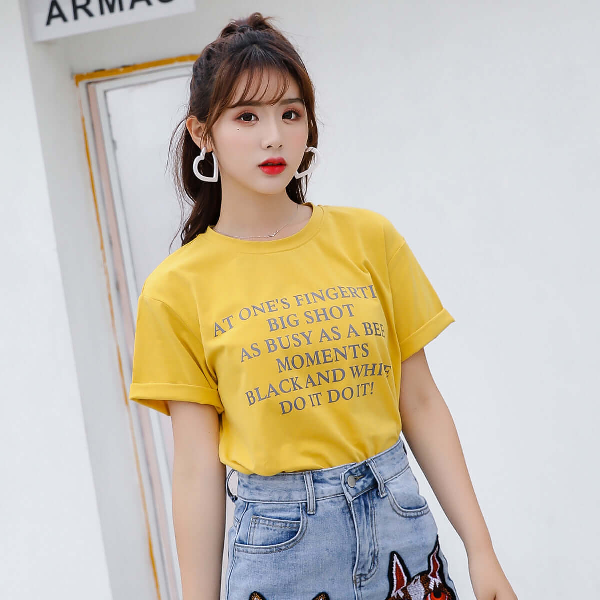 Veilla Korean version of purple upper female cotton T-shirt short sleeve round neck loose letter cotton solid color bottoming shirt