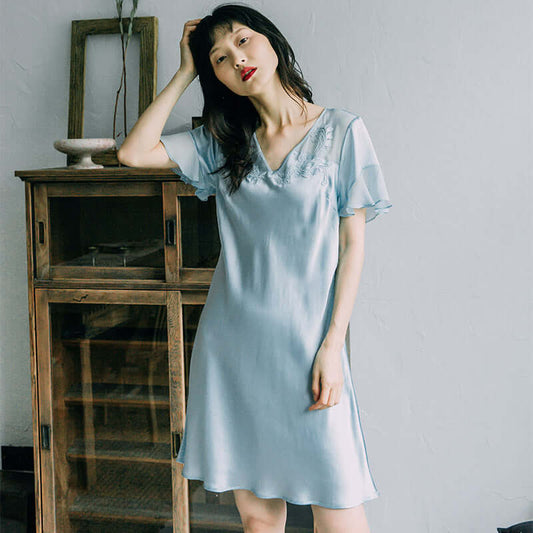 2021 Summer silk nightdress 100% mulberry silk V neck short-sleeved lotus leaf home ladies pajamas new product