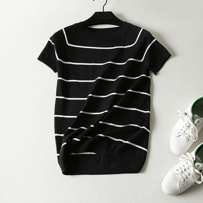 Wholesale Korean version of the striped slim short sleeve sweater recommended thin T-shirt student pullover bottoming shirt context female