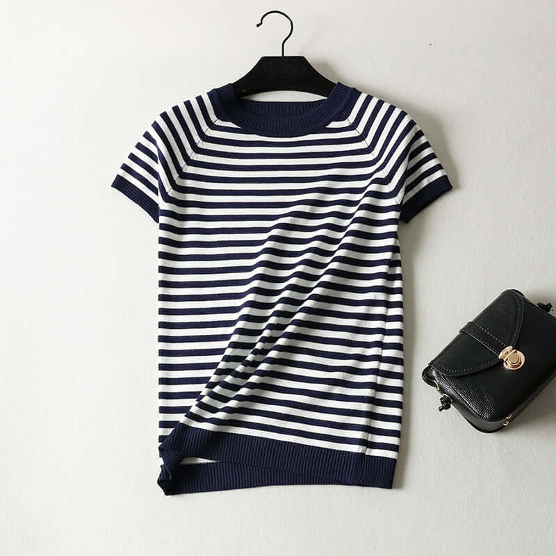Wholesale Korean version of the striped slim short sleeve sweater recommended thin T-shirt student pullover bottoming shirt context female