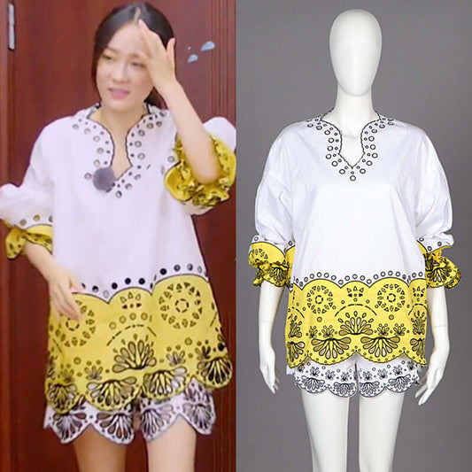 Spot Huo Si Yan with the BF loose long paragraph shirt hollow embroidery straight shorts fashion suite female