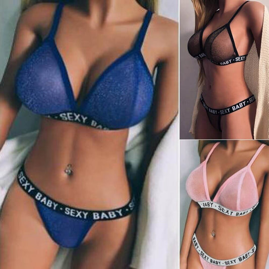 Women Sexy Glitter Lingerie Lace Bra and G-String panties