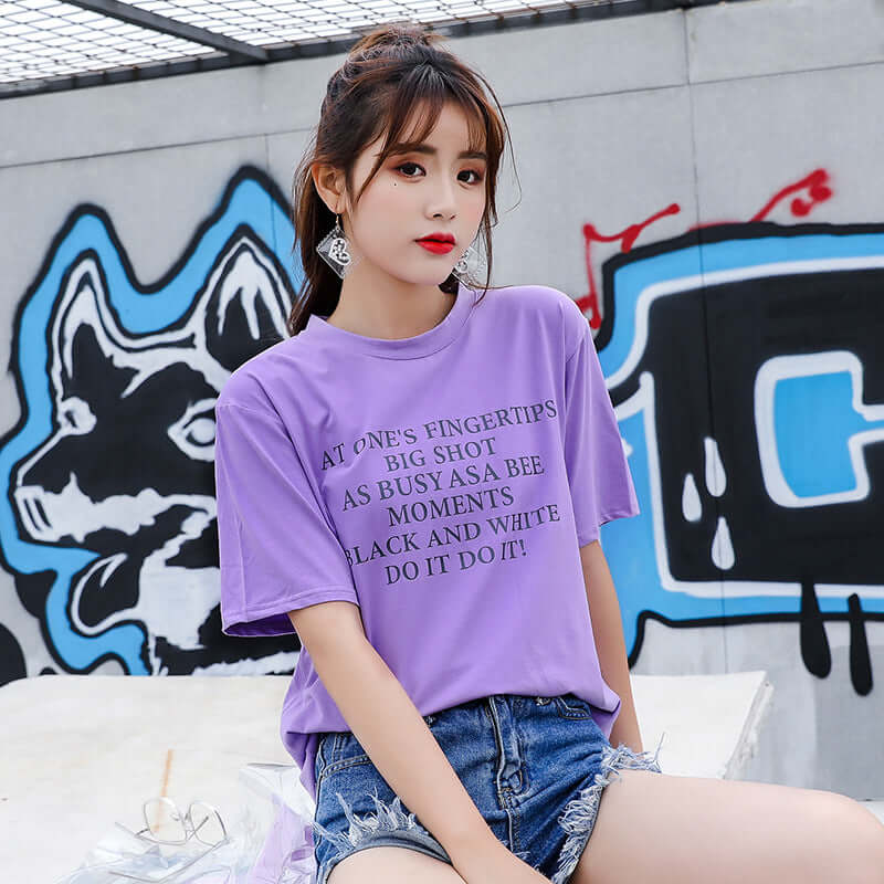 Veilla Korean version of purple upper female cotton T-shirt short sleeve round neck loose letter cotton solid color bottoming shirt