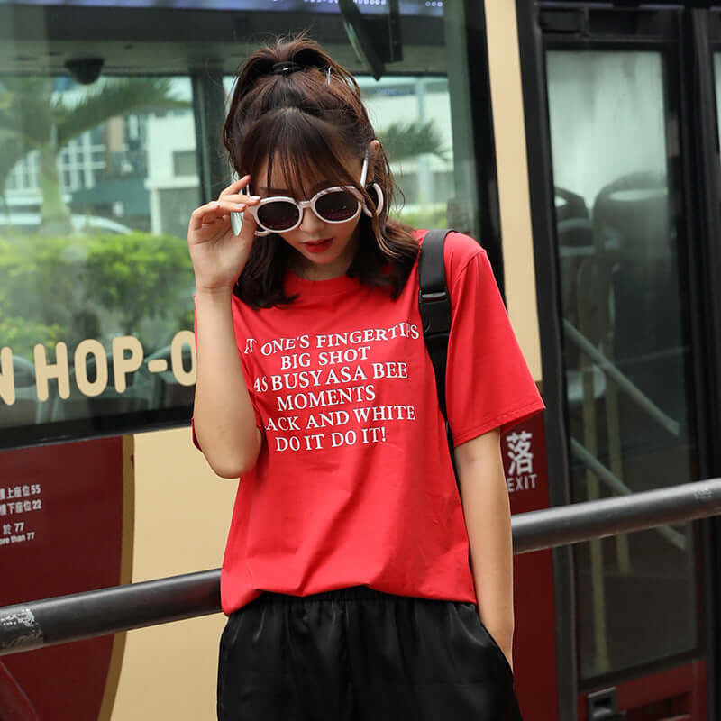 Veilla Korean version of purple upper female cotton T-shirt short sleeve round neck loose letter cotton solid color bottoming shirt