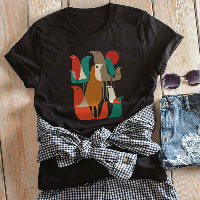 Spot goods! Wish eBay Wholesale Interesting Colorful Bird Trouded Women's T-Shirt Summer Short Sleeve