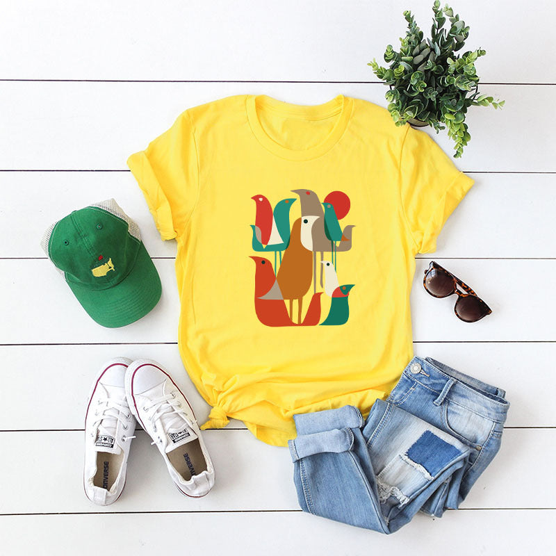 Spot goods! Wish eBay Wholesale Interesting Colorful Bird Trouded Women's T-Shirt Summer Short Sleeve
