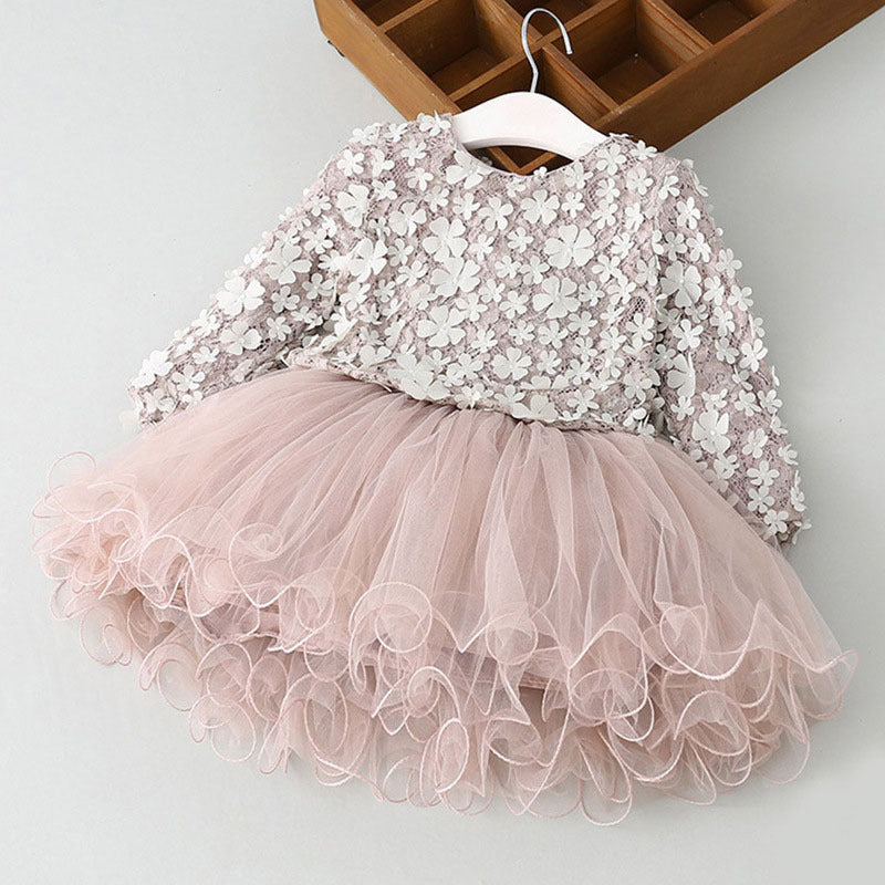 autumn new girls' long-sleeved dress children's wear beautiful princess skirt three-dimensional petal fluffy mesh skirt