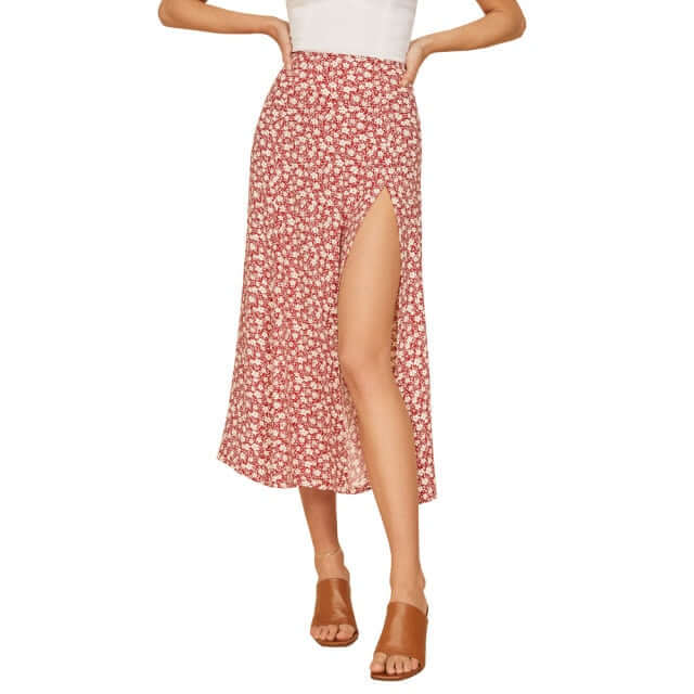 Fashion vintage skirt 2021 flower polka dot print high waist stretch split long A-line skirts for women beach maxi skirt