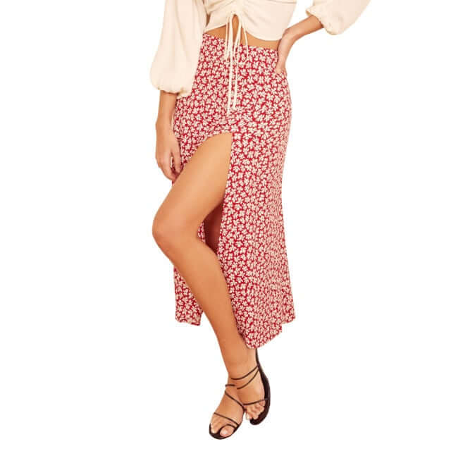 Fashion vintage skirt 2021 flower polka dot print high waist stretch split long A-line skirts for women beach maxi skirt